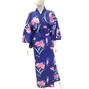 Vintage Marnky Kimono Women’s One SZ 100% Cotton Made In Japan Long Belted Blue